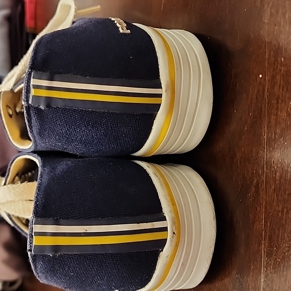 Navy Ralph Lauren Polo Sport sneakers w/yellow stripes, trim & insoles. sz 10 - Picture 3 of 6